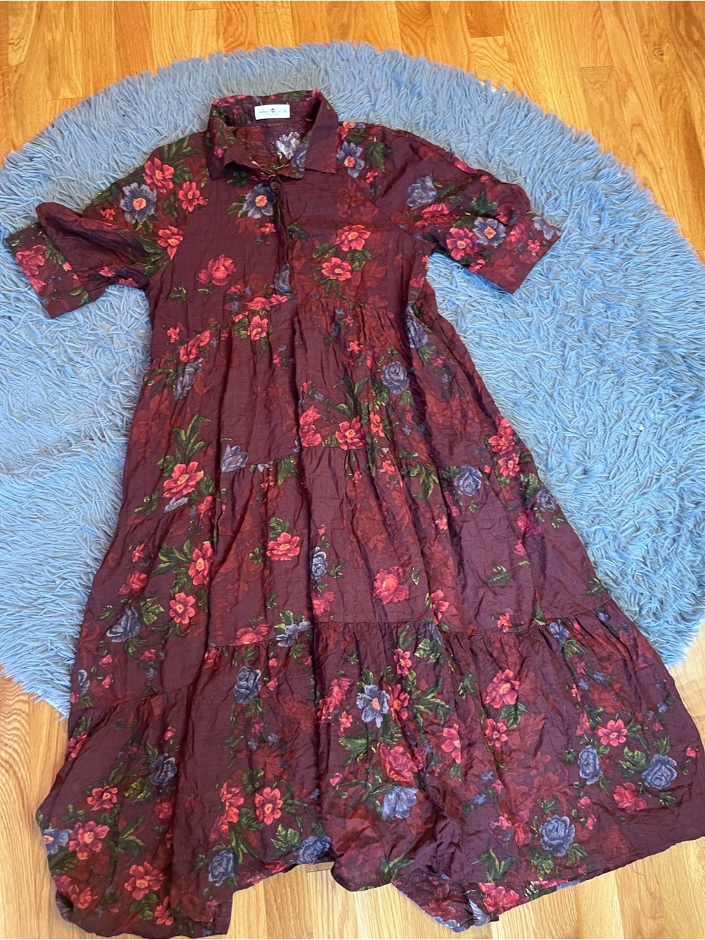 Natural Life Rebecca Tiered Midi Dress Flowy Burgundy Floral Cottage Boho Size M - Picture 2 of 6
